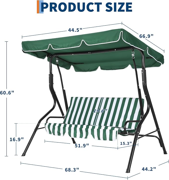 Outdoor Porch Swing Chair with Adjustable Canopy & Striped Seat Cushion - Image 6