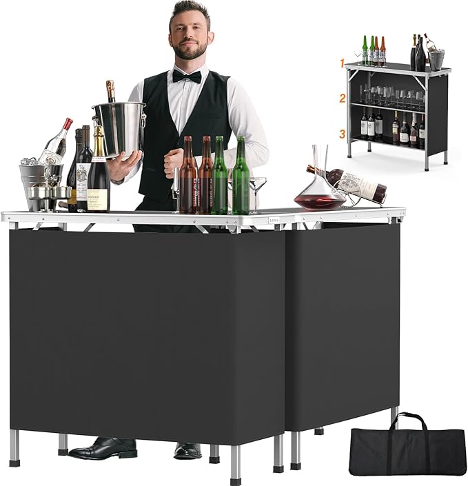 VINGLI 39" Portable Bar Table, 3-Tier Shelves, Mobile Bar Table by VINGLI