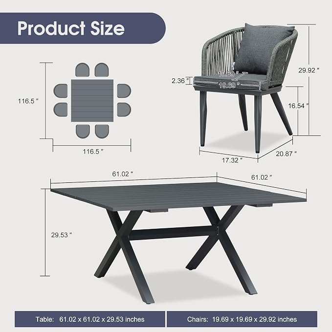 PURPLE LEAF 9 Pieces Outdoor Metal Furniture Set Patio Conversation Sets Dining - Image 8