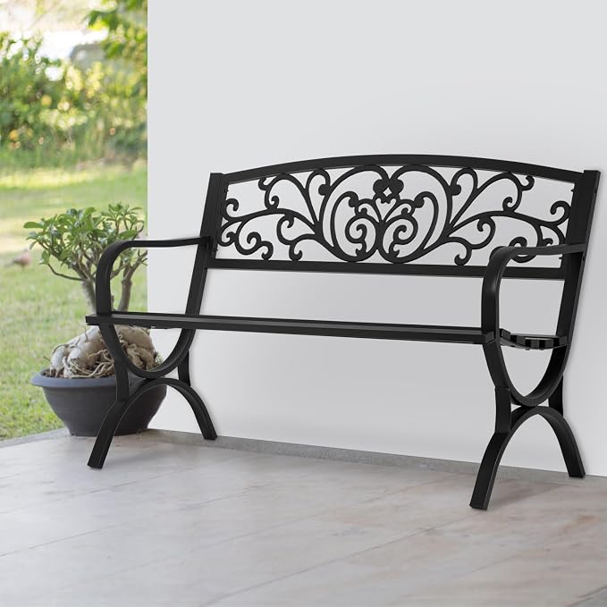 PayLessHere Black Outdoor Metal Loveseat Chairs Patio Garden Bench 50-inch by PayLessHere