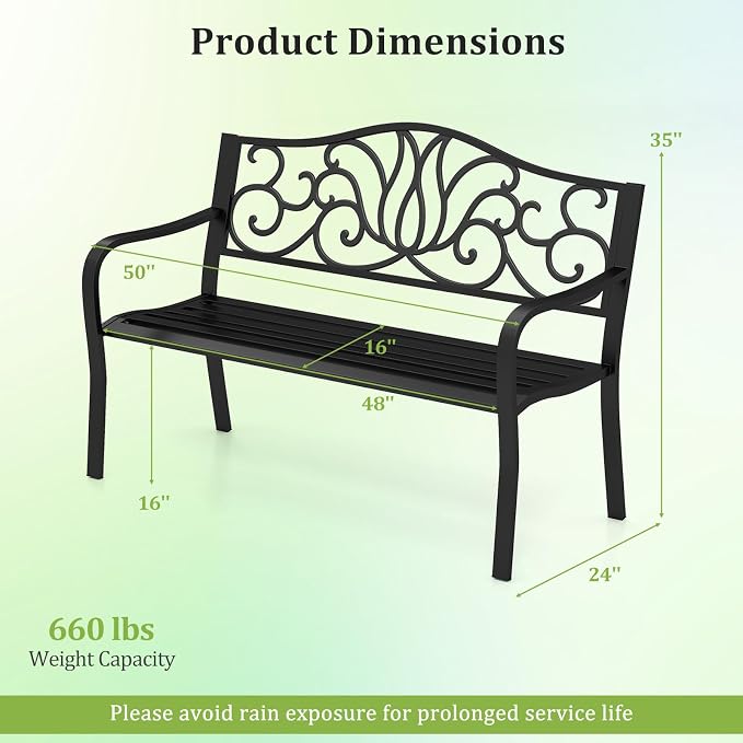 Tangkula 50 Inches Outdoor Garden Park Bench, Cast Iron Metal Front Porch - Image 3