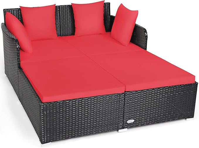 COSTWAY Outdoor Patio Rattan Daybed, Sponge Cushioned Loveseat Sofa by COSTWAY
