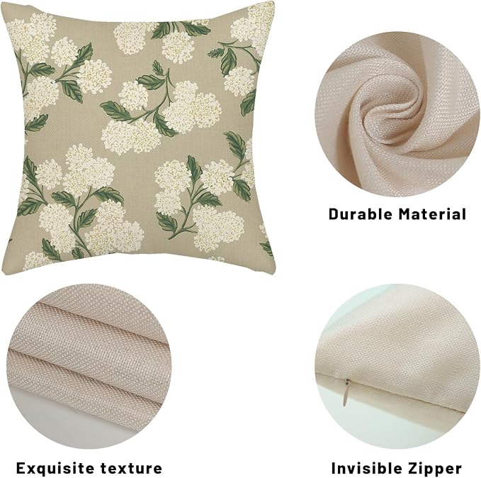 Beige Spring Pillow Covers 18x18 Inch 2 Pcs Khaki Green Hydrangea Flower Decor - Image 7