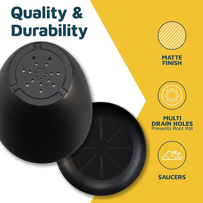 Black Plant Pots with Drainage Holes & Saucers 3 Pack, Indoor & Outdoor - Image 7
