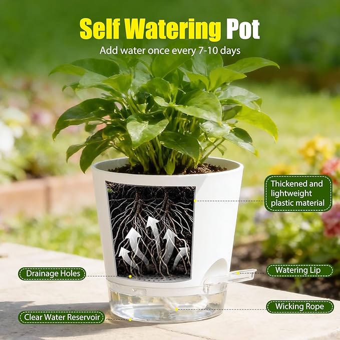 Plant Pots 4 Inch Self Watering Pots, 6 Pack Plastic Planters - Image 4