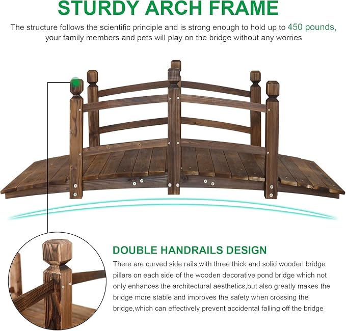 5FT Wooden Garden Bridge Arch Stained Finish Footbridge Decorative Backyard - Image 4