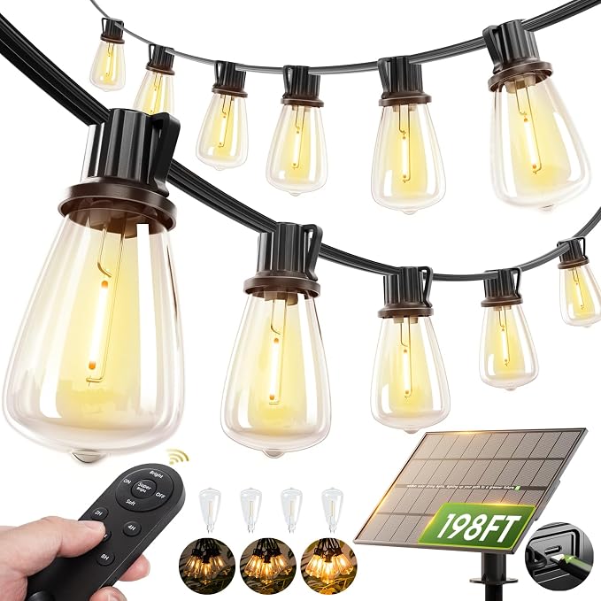 addlon 198FT Solar String Lights Outdoor Waterproof, 60+4 LED Bulbs, by addlon