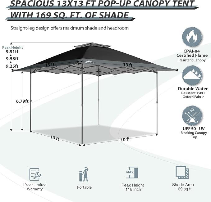 EAGLE PEAK 13x13 Straight Leg Pop Up Canopy Tent Instant Outdoor Canopy Easy - Image 3