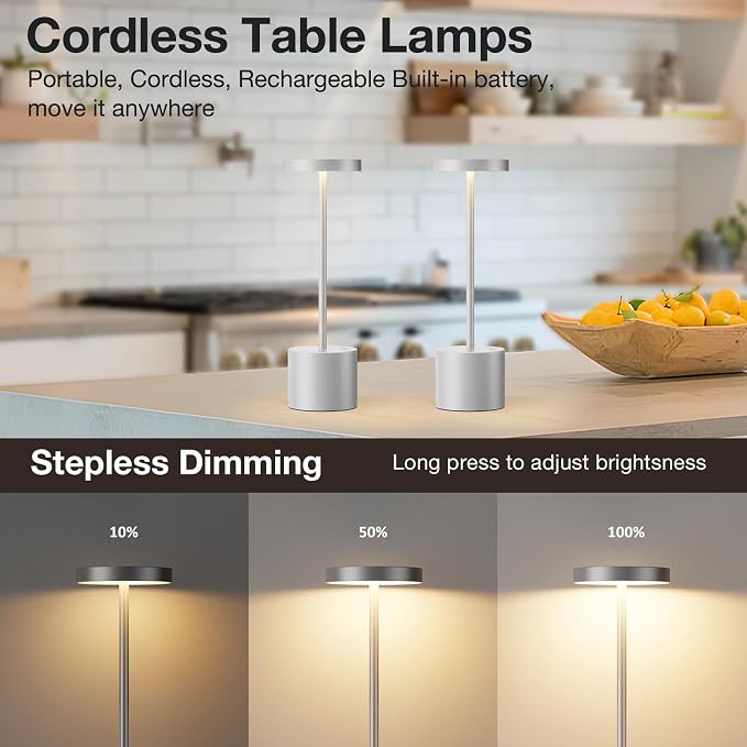 Kakanuo Silver Gray Cordless Lamp Set, Rechargeable Lamp, 3 Color Temperature - Image 6