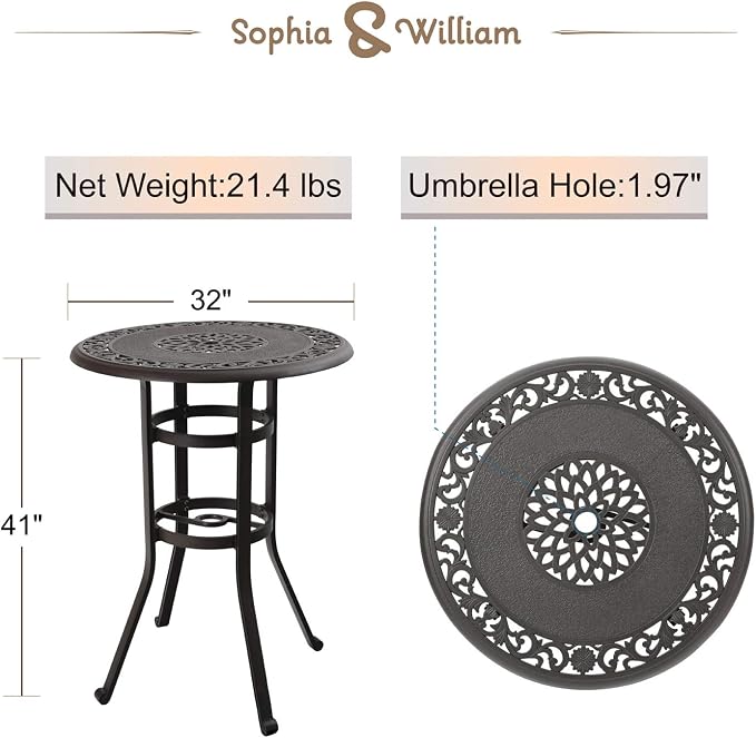 Sophia & William Cast Aluminium Patio Bar Height Table Round - Image 7