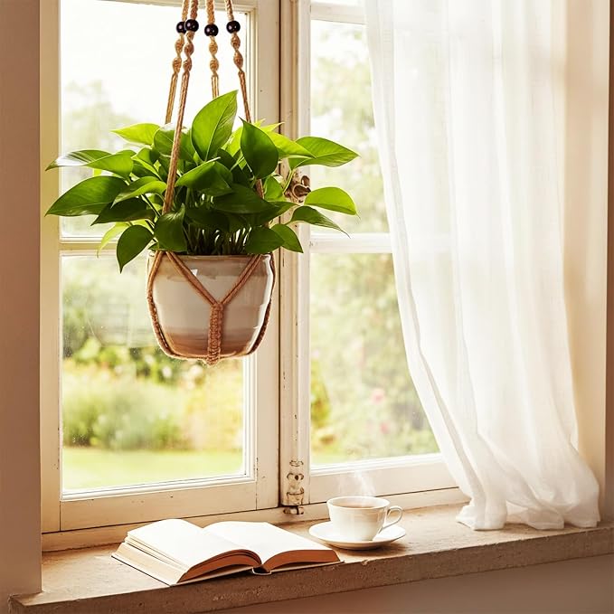 Macrame Plant Hanger, Wood Beads Cotton Hanging Planter Holder - Image 8