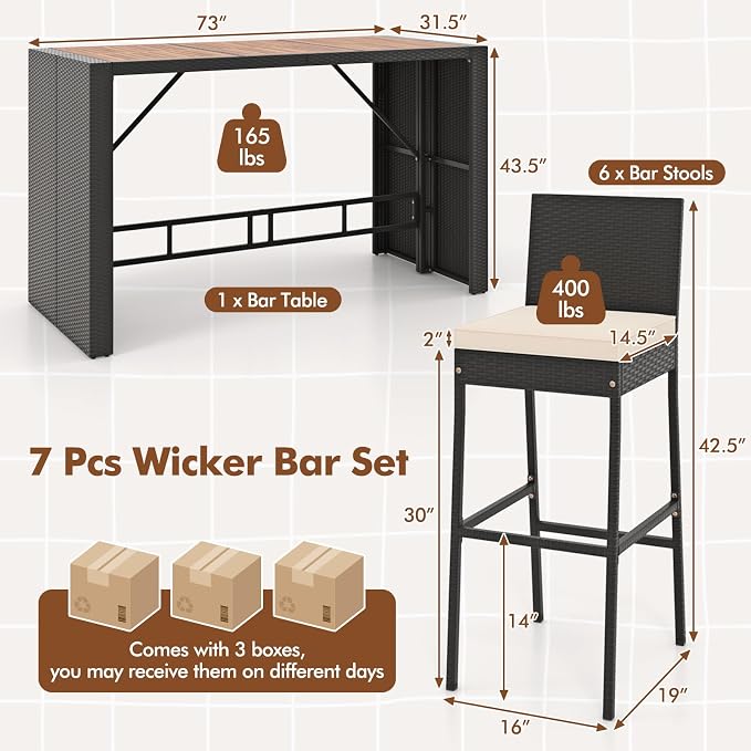 7-Piece Outdoor Wicker Bar Set, PE Rattan Bar Height Dining Set - Image 6