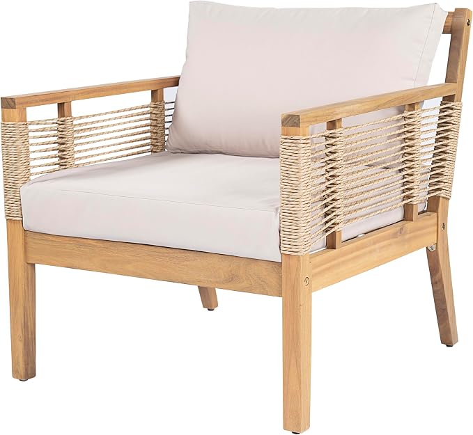 5-Piece Outdoor Acacia Wood Frame Sofa Set, Patio Hand Woven Rope Conversation - Image 6