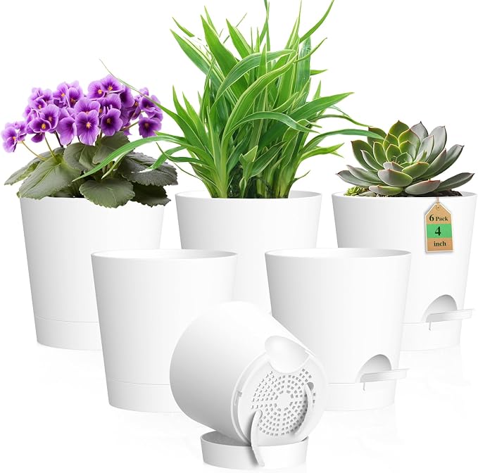 4 inch Self Watering Pots for Indoor Outdoor Plants, 6 Pack Plastic Flower by WSMKSZ