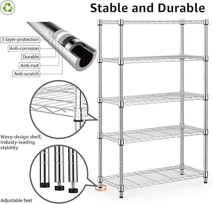 1250 lbs Steel Heavy Duty 5-Tier Utility Shelving Unit Steel Organizer Wire Rack - Image 4