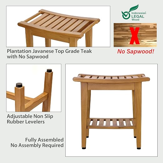 Kasa Solid Teak Indoor Outdoor Shower/Bath/Spa Stool Bench - Image 6