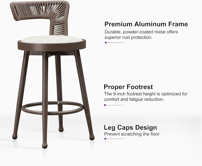 PURPLE LEAF Outdoor Swivel Counter Height Bar Stools Set of 2 Metal Modern - Image 7