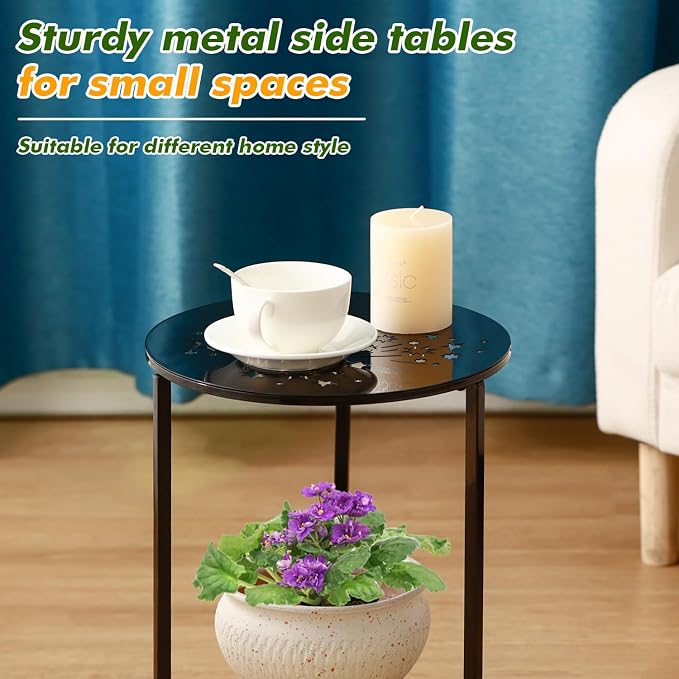 Party Zealot Set of 2 Small Round Metal Side Tables 13 Inches Black Outdoor End - Image 4