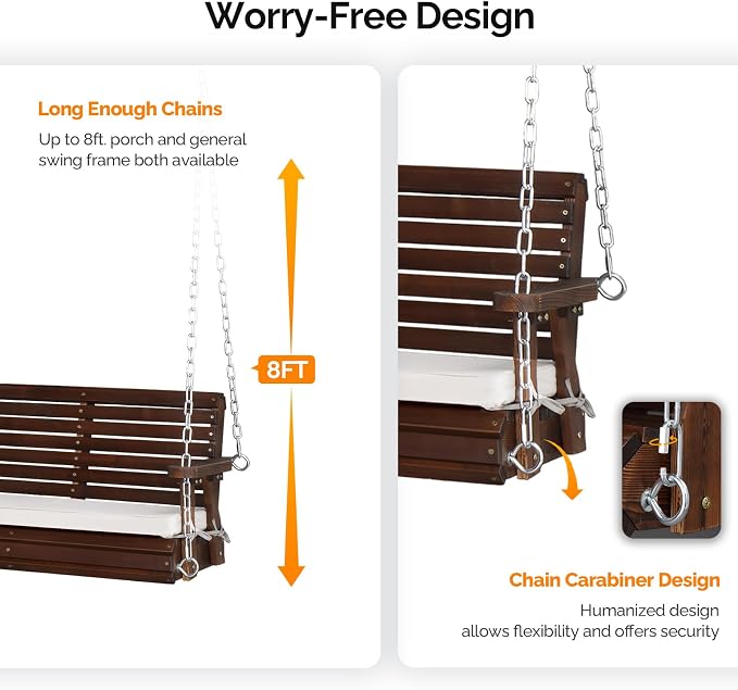 VINGLI Wooden Porch Swing, Heavy Duty 880 LBS Hanging Patio Bench - Image 3