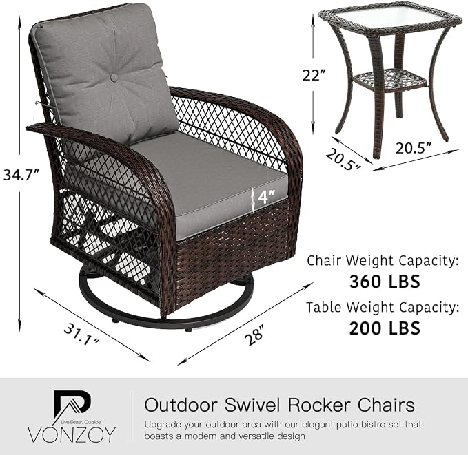3 Pieces Patio Furniture Set, Outdoor Swivel Glider Rocker, Wicker Patio Bistro - Image 7