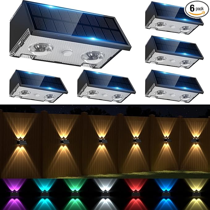 Solar Fence Lights Outdoor Waterproof, Warm & Cool White RGB Dusk to Dawn LED by SIAFAVOI