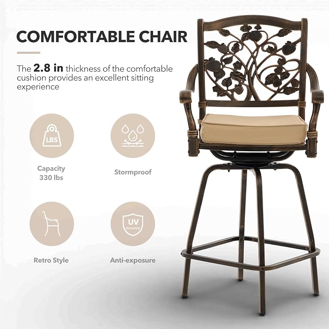 3 Piece Swivel Outdoor Table and Chairs Bar Set, All-Weather Cast Aluminum - Image 4