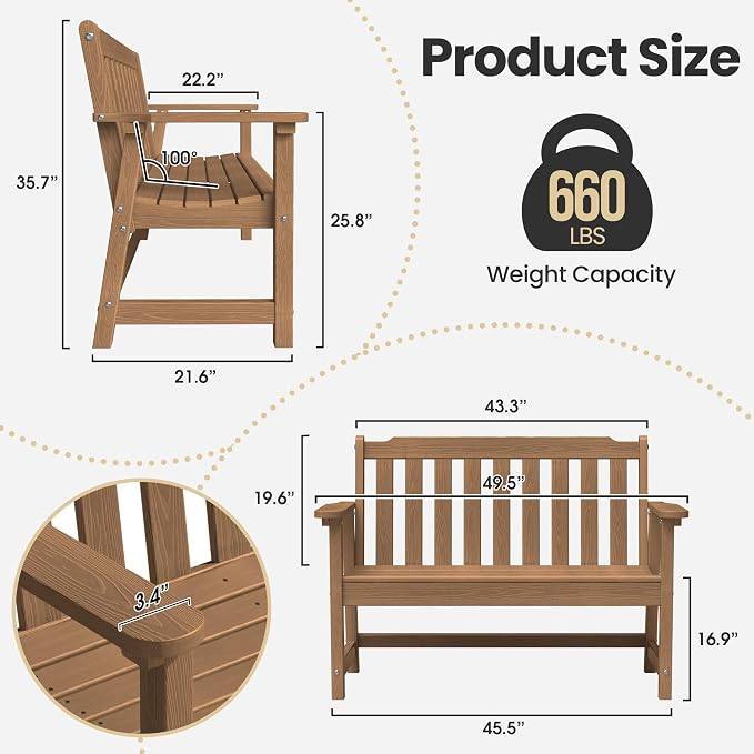 Ciokea 49" Heavy Duty Outdoor Bench Set of 2, HDPE Weatherproof Garden Bench - Image 2