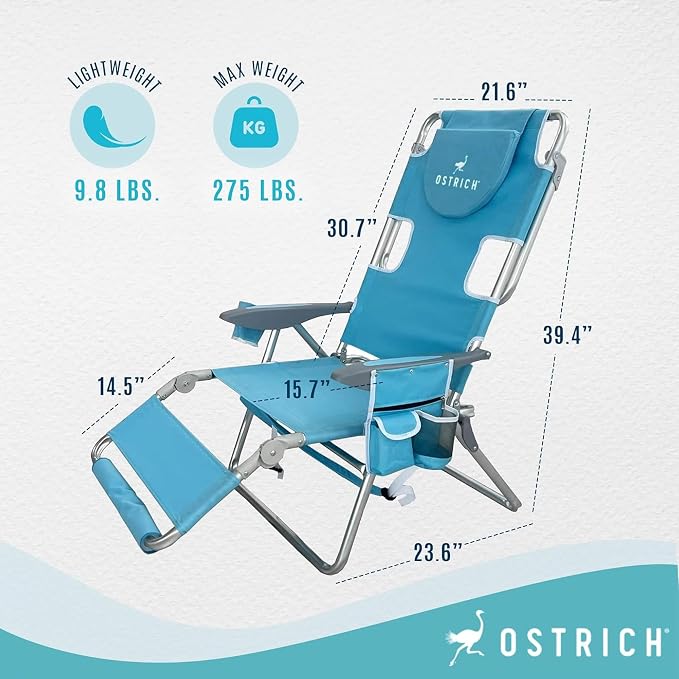 Ostrich Deluxe 3N1 Padded Beach Chair w/Face Cushion & Arm Holes, Light Blue - Image 3