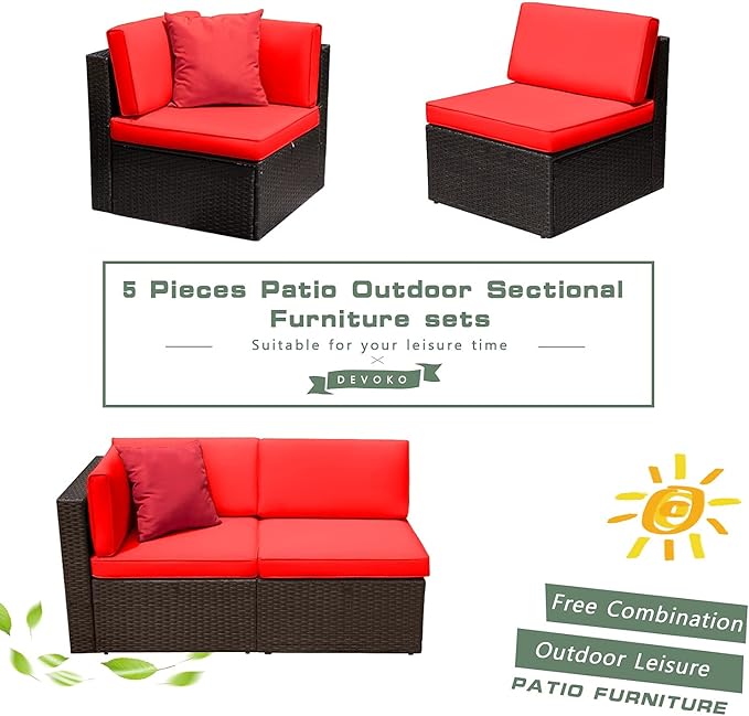 Devoko 2-Piece Modern Red Rattan & Metal Patio Sofa Set - Image 5