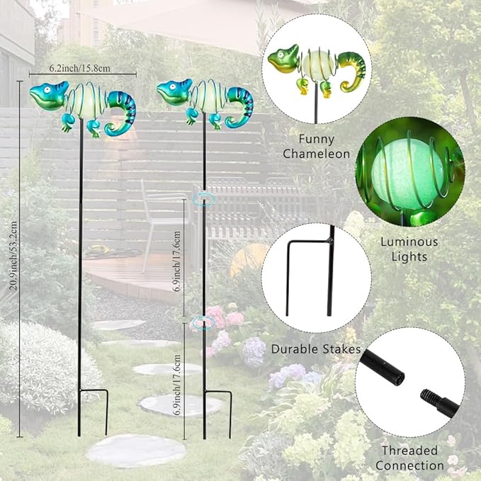 3 Pack Garden Stakes Decorative, Cute Chameleons Glow in The Dark Metal Garden - Image 3