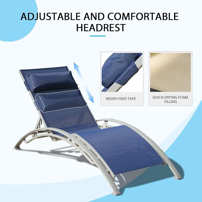 Domi Pool Lounge Chairs Set of 3, Adjustable Aluminum Outdoor Chaise Lounge - Image 6
