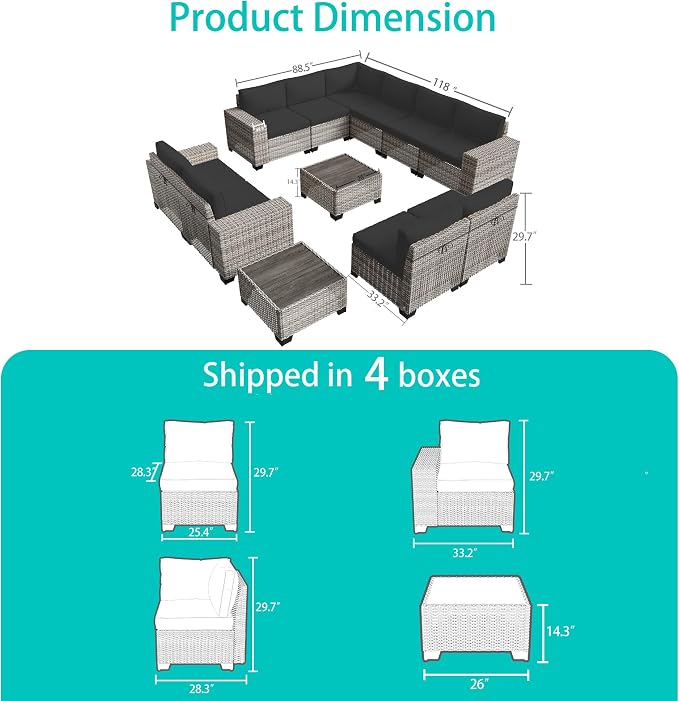 12-Piece Outdoor Patio Furniture Set Wicker Sectional Sofa Set, Patio - Image 6