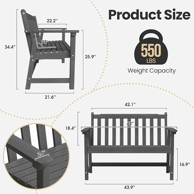 Ciokea 48" Outdoor Bench Set of 2, HDPE Weatherproof Garden Bench, 2-Person - Image 2