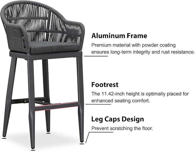 PURPLE LEAF Outdoor Bar Height Stools Set of 2 Patio Metal Modern Wicker Rattan - Image 6