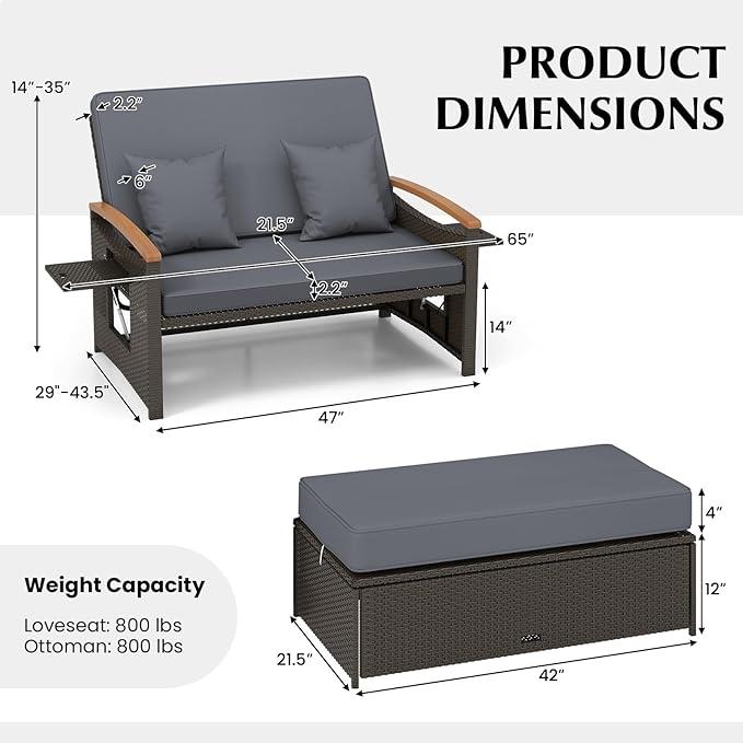 COSTWAY Patio Rattan Daybed, Outdoor Loveseat Sofa - Image 3