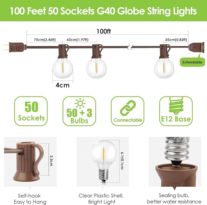 Mlambert 100Ft LED Outdoor String Lights, Dimmable G40 Globe Patio Lights - Image 3