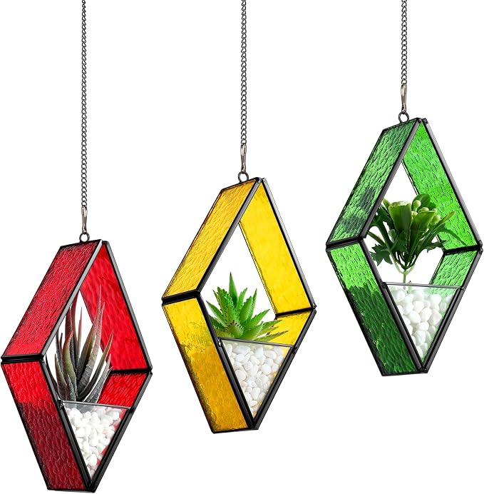 Yaomiao 3 Pcs Stained Glass Hanging Plant Terrariums Hanging Glass Planter by Yaomiao