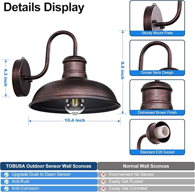 TOBUSA 2-Pack Dusk to Dawn Outdoor Wall Lights, Exterior Farmhouse Gooseneck - Image 4
