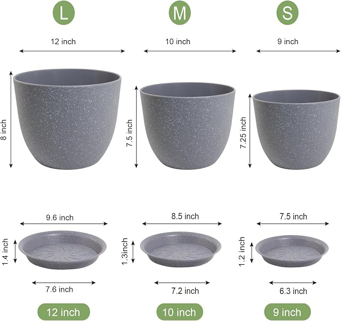 12/10/9 inch Large Plant Pots, 3 Pack Modern Decorative Plastic Planters - Image 3