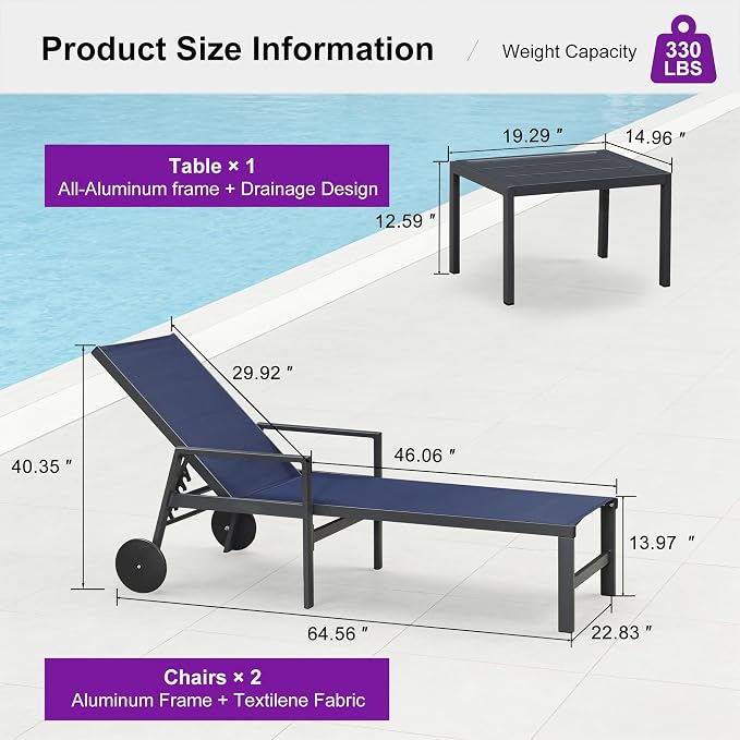 PURPLE LEAF 2 Pieces Outdoor Chaise Lounge Aluminum Patio Lounge Chair - Image 7