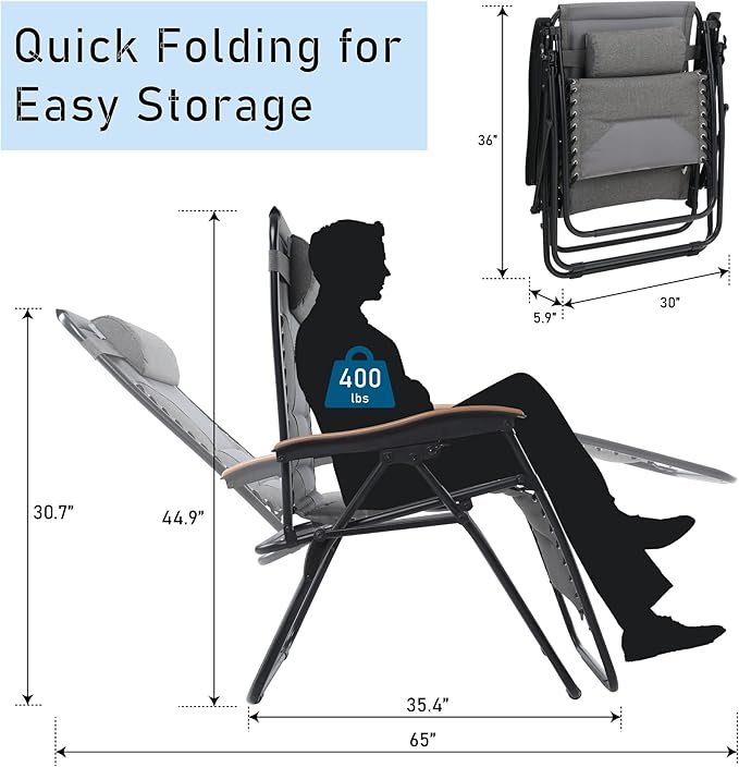 PHI VILLA XXL Oversized Padded Zero Gravity Chair Set of 2, Foldable Patio - Image 2