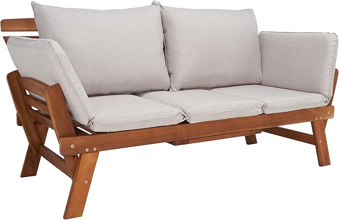 SAFAVIEH Outdoor Collection Emely Natural Acacia Wood/Grey Expandable Loveseat - Image 4