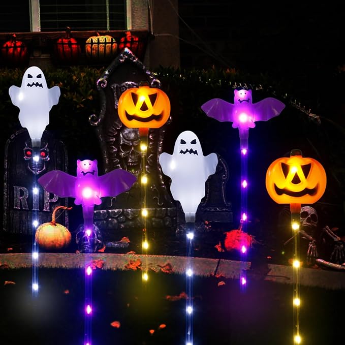 Halloween Decorations Outdoor Solar Pumpkin Bat Ghost Garden Stake Lights - Image 5
