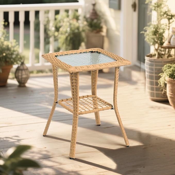 Outdoor Side Table with Storage Wicker Patio Side Table, Tempered Glass Top End - Image 2