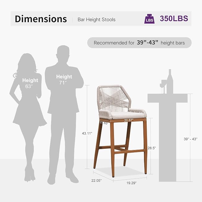 PURPLE LEAF Bar Stool 1 Piece Outdoor Bar Height Metal Stool Modern Wicker - Image 3