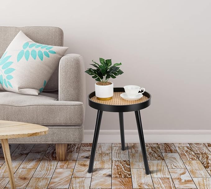 Rattan Round Side Table, Modern Boho Bedside Mid-Century Patio Side End Tables - Image 2