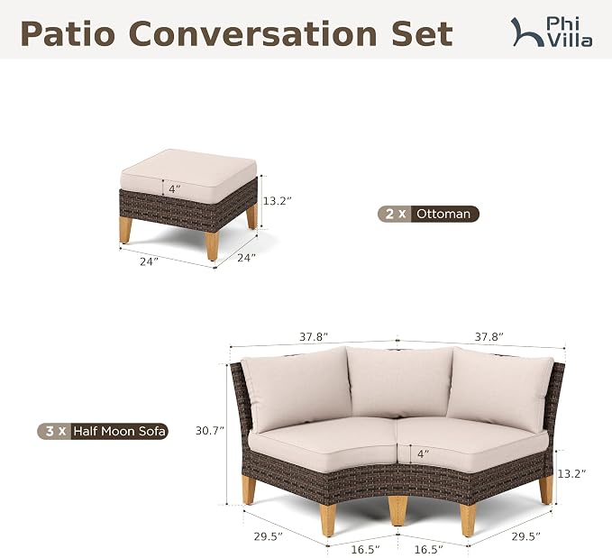 PHI VILLA 4-Piece Curved Patio Furniture Set, Half-Moon Wicker Sectional - Image 2