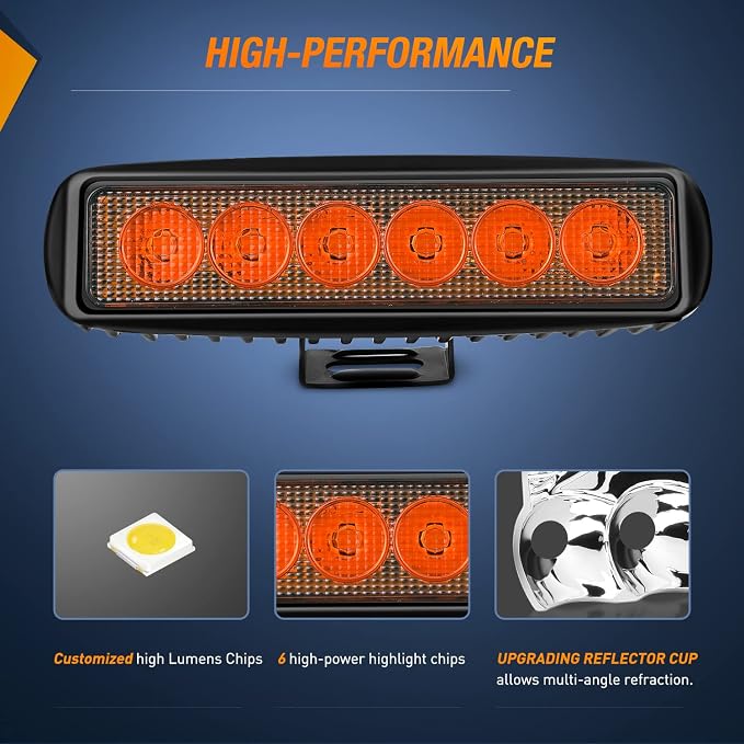 Nilight 6 inch Amber LED Light Bar 2PCS 18W Spot Driving Fog Single Row Off - Image 4