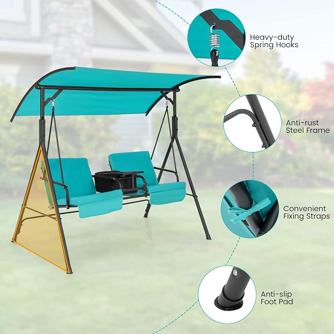 Tangkula 2 Person Porch Swing, Pivot Storage Table, Cooler Bag, 2 Cup Holders - Image 8