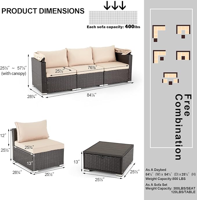 HOMREST 6 Pieces Patio Furniture Sets, Rattan Daybed - Image 2